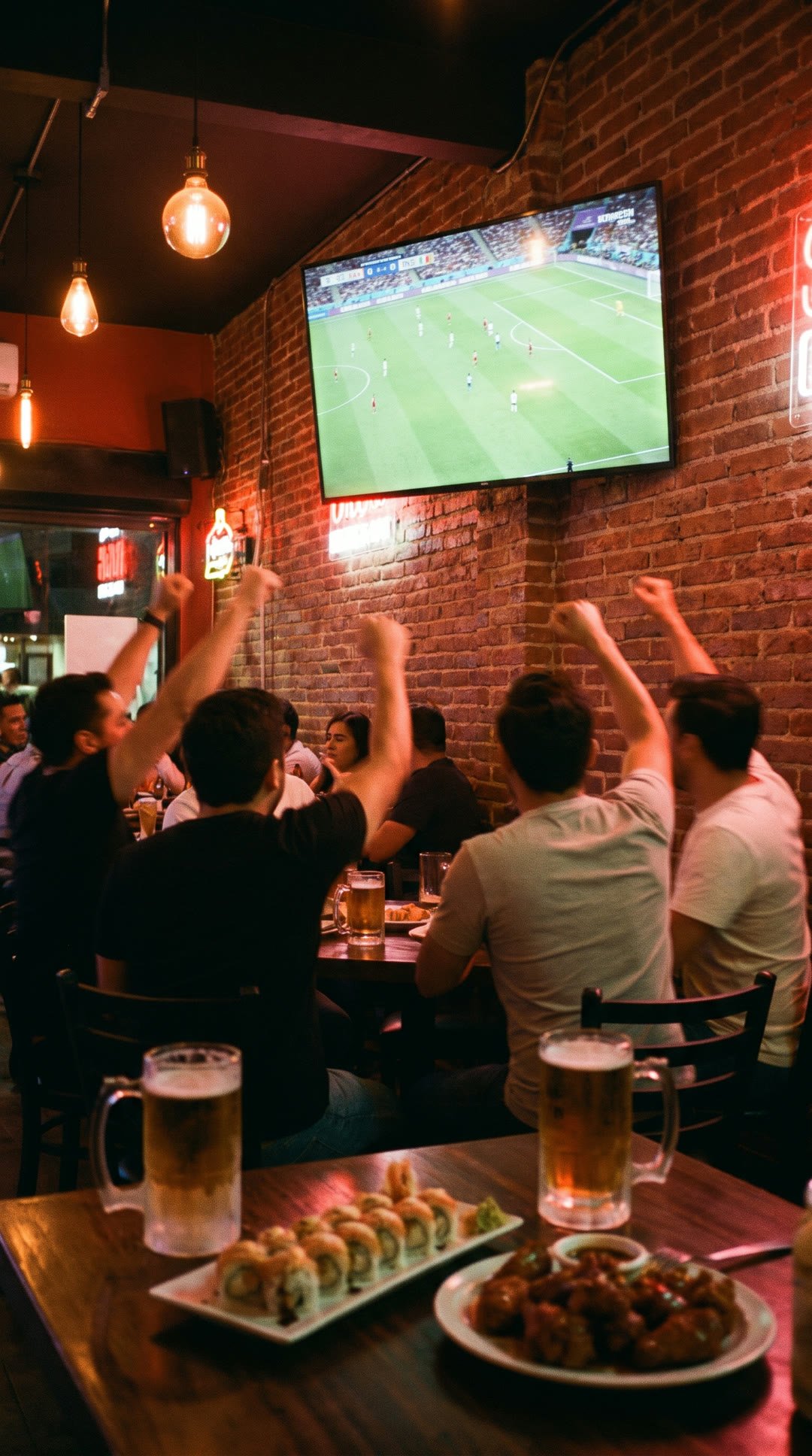 Amigos celebrando un gol frente a la tele, con tarros y sushi en la mesa